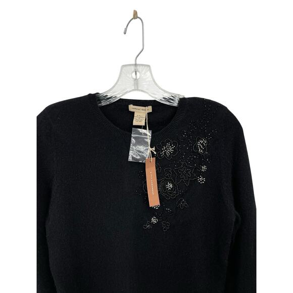 NWT Vertical Design Cashmere Sweater Beaded 2 Ply Black Size Medium - Picture 3 of 6